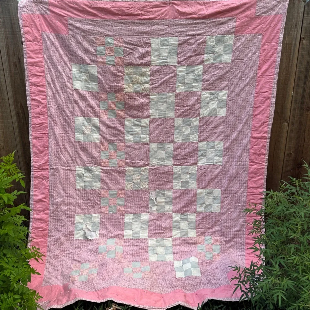 Vintage Handmade Patchwork Quilt Pink Floral Nine Patch Cottagecore Cutter 84x88